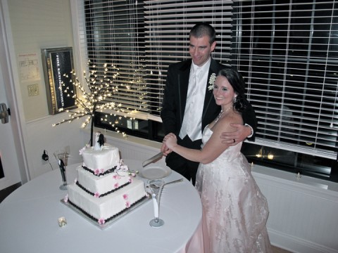 The Wedding couple cut the cake at their reception.