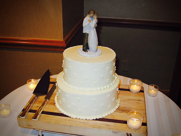 The wedding cake on display at the reception in the Marriott World Center.