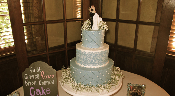A wedding cake on display for the reception at Dubsdread Ballroom.