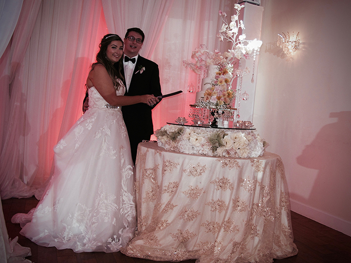 The bride and groom cut the cake at their wedding reception at the Crystal Ballroom Veranda in MetroWest.