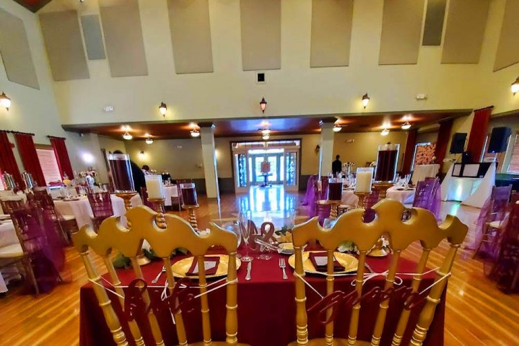 wedding setup in the interior of the Longwood Community Building Wedding Venue