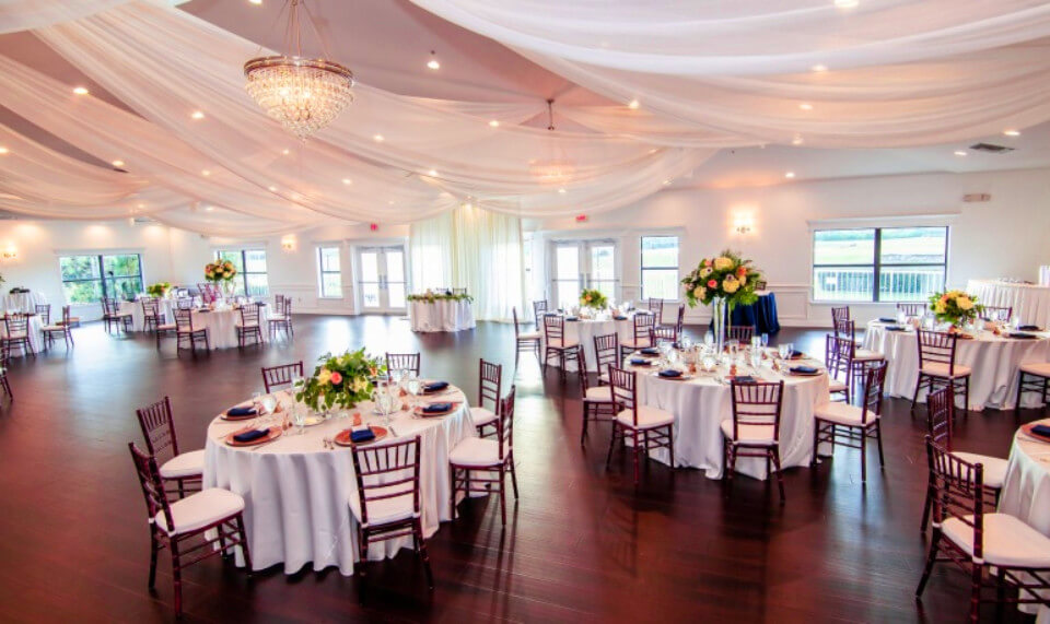The Royal Crest Room Wedding Venue Ballroom is light and airy with views of the gold course.